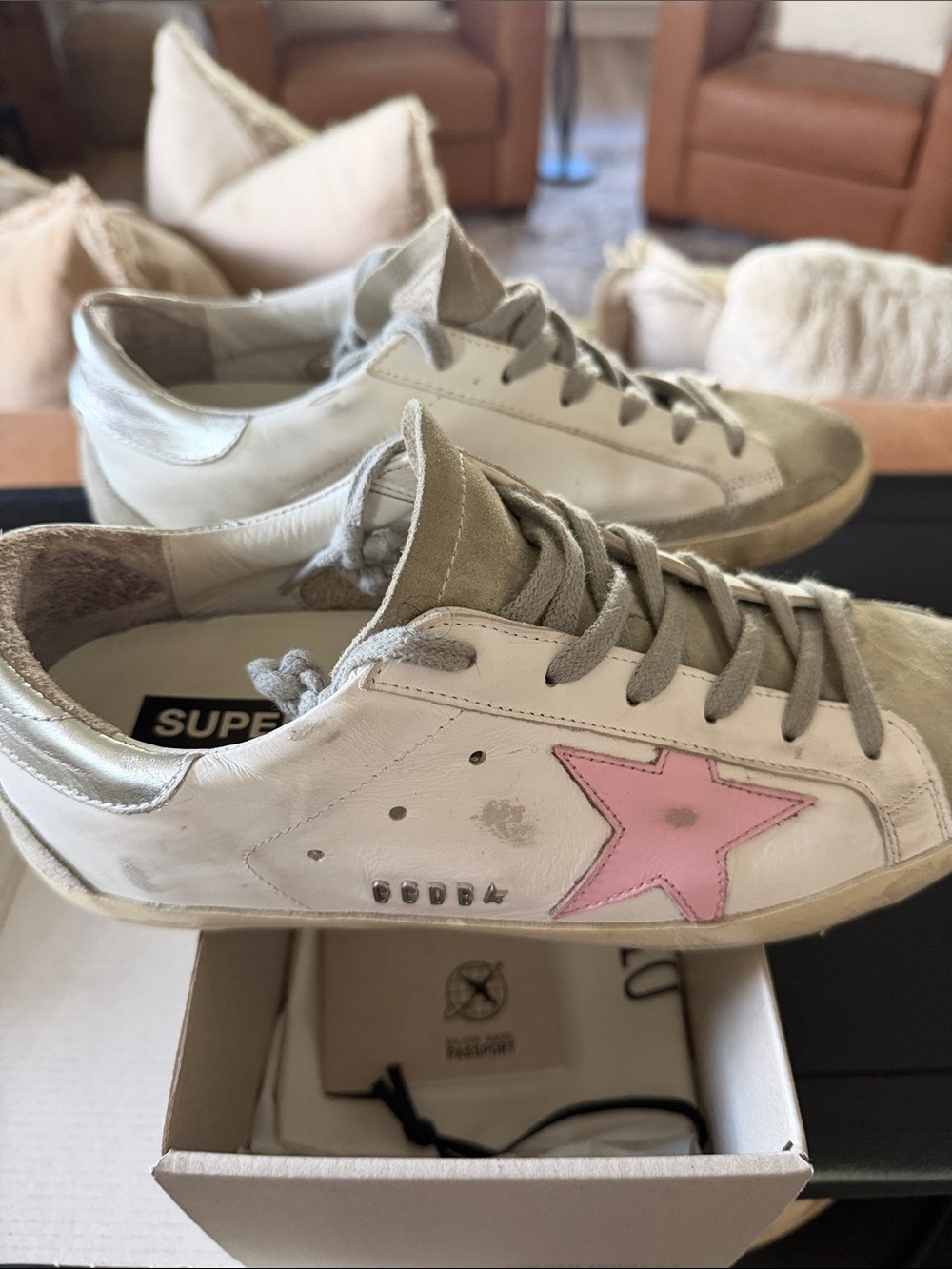 Golden Goose White Leather Sneakers with Pink Star and Silver Heel Tab